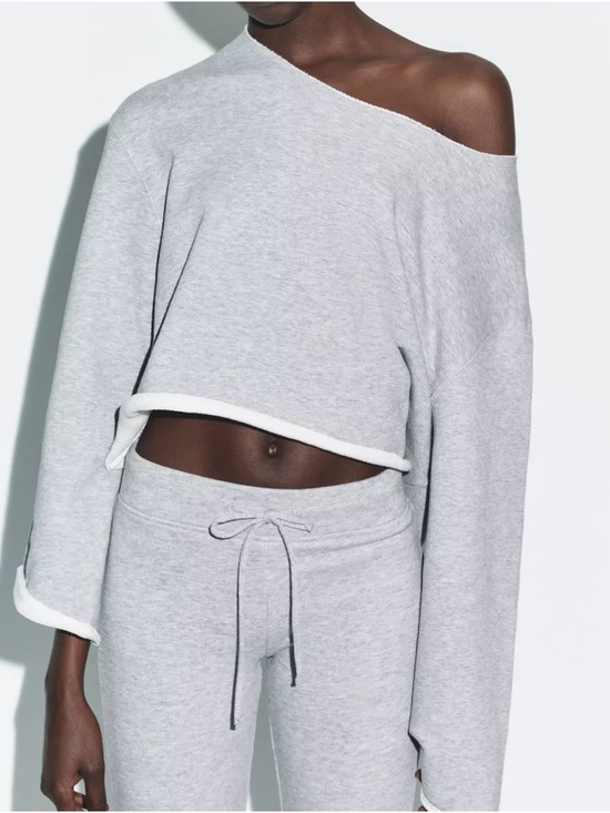 Zara Other - Zara Light Gray Off-Shoulder Cropped Sweatshirt Set
